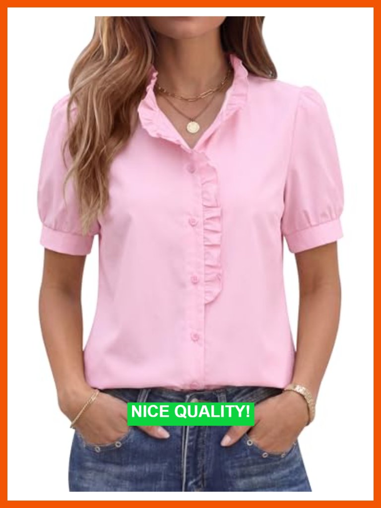 Casual Puff Short Sleeve Ruffle Blouse Button Down Shirt For Women